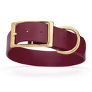 maroon and gold biothane waterproof dog and cat collar with brass metal buckle hardware in size XXL that's 1.5 inches wide, 24-28" long and looks like vegan faux leather.