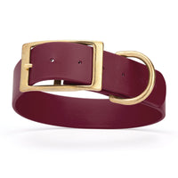 maroon and gold biothane waterproof dog and cat collar with brass metal buckle hardware in size XXL that's 1.5 inches wide, 24-28" long and looks like vegan faux leather.