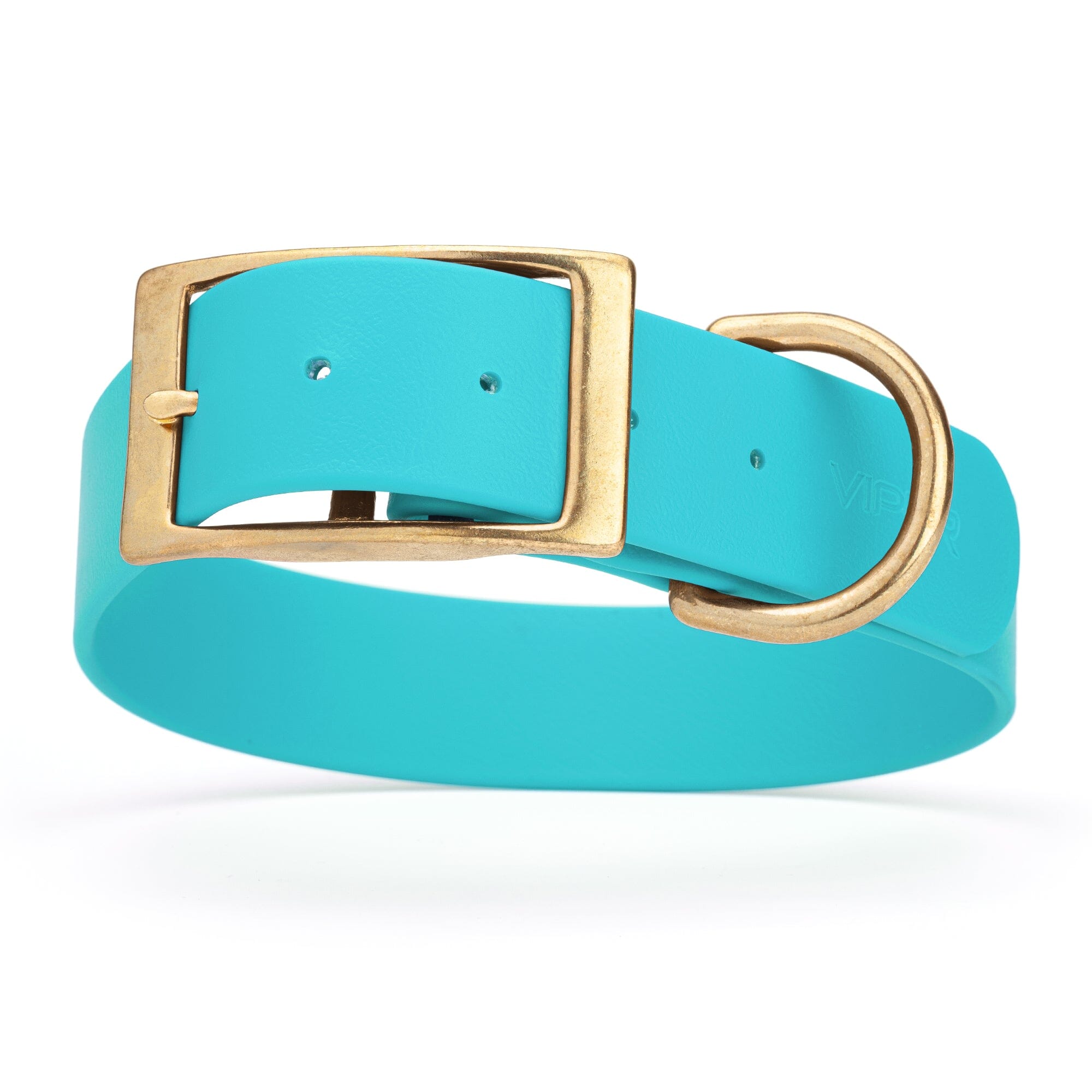 turquoise/aqua blue and gold biothane waterproof dog and cat collar with brass metal buckle hardware in size XXL that's 1.5 inches wide, 24-28" long and looks like vegan faux leather.