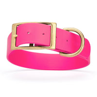 hot pink and gold biothane waterproof dog and cat collar with brass metal buckle hardware in size XXL that's 1.5 inches wide, 24-28" long and looks like vegan faux leather.