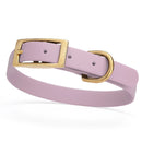 lavender purple and gold biothane waterproof dog and cat collar with brass metal buckle hardware in size small that's 5/8 inch wide and looks like vegan faux leather.