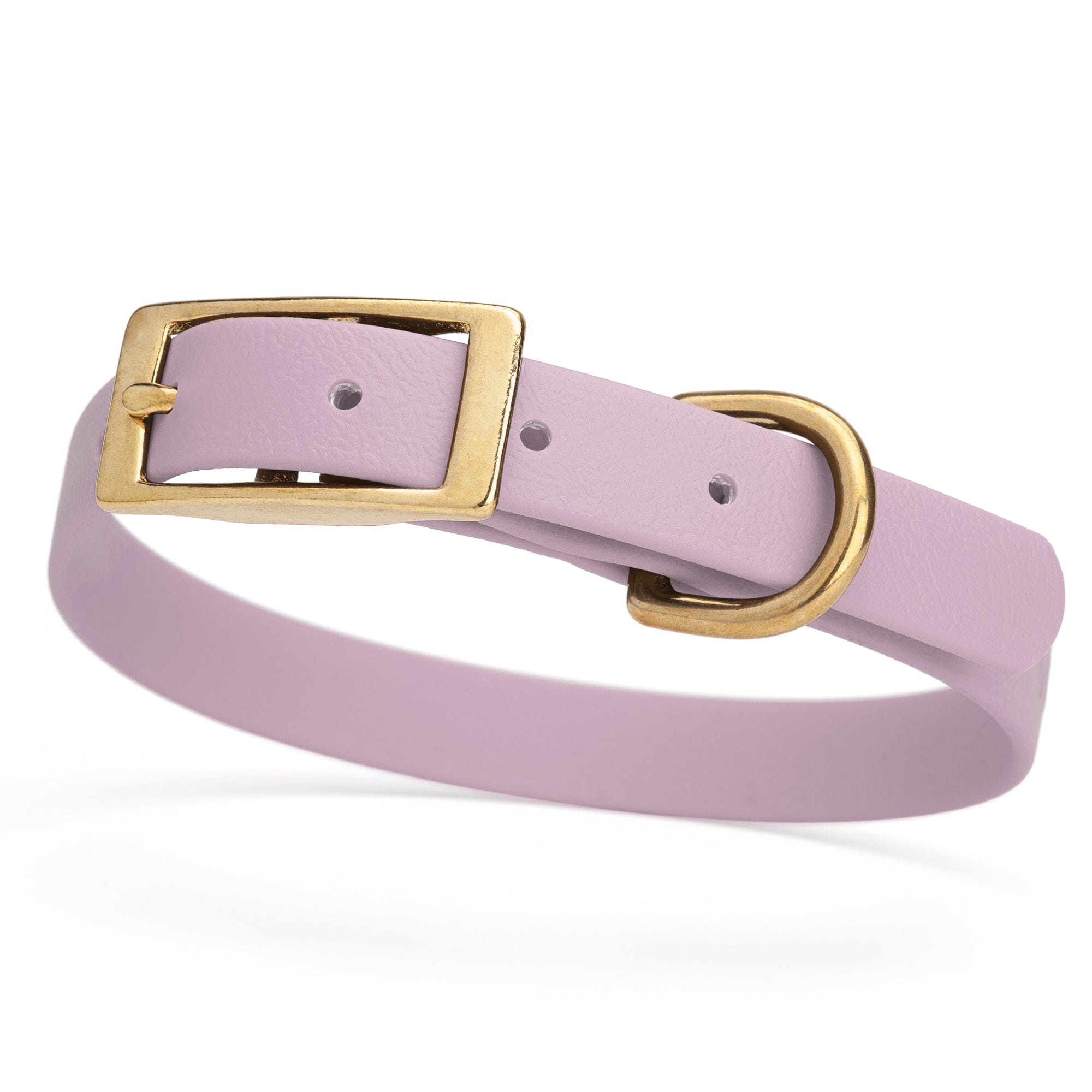 lavender purple and gold biothane waterproof dog and cat collar with brass metal buckle hardware in size small that's 5/8 inch wide and looks like vegan faux leather.