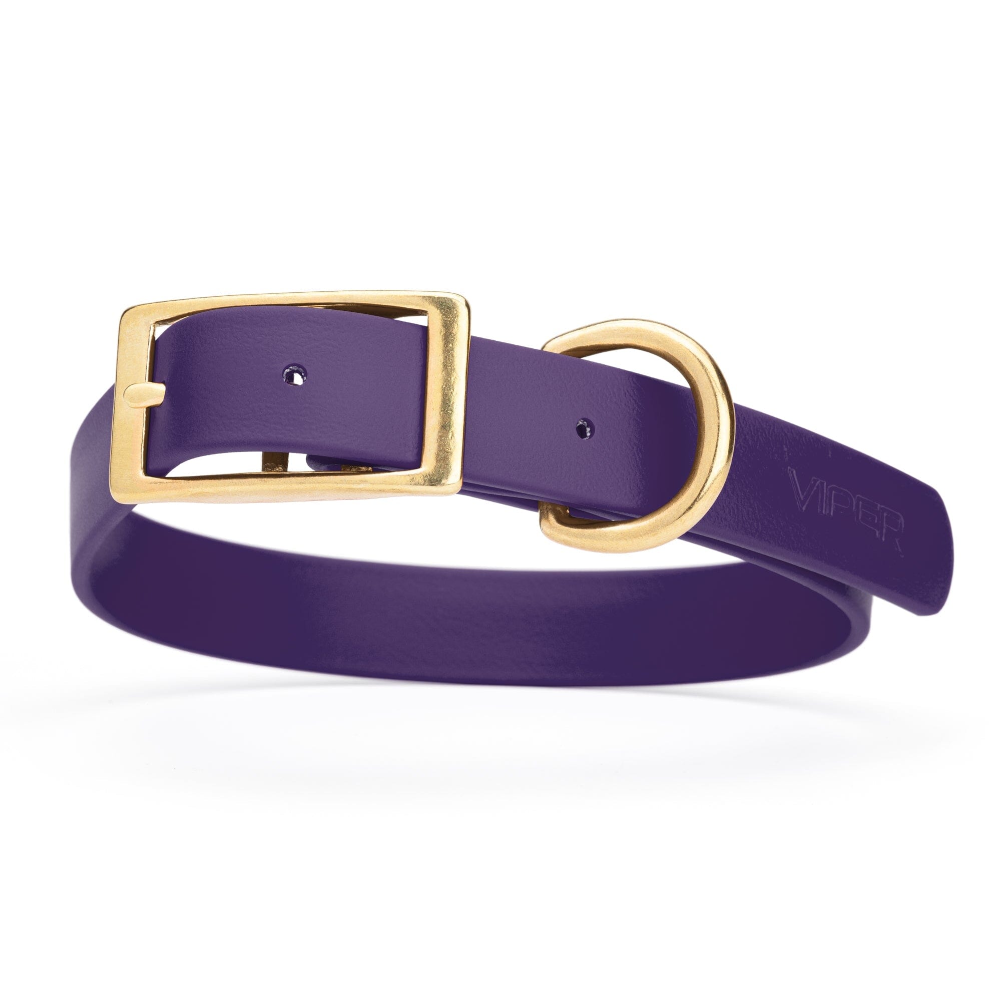 dark purple and gold biothane waterproof dog and cat collar with brass metal buckle hardware in size large that's 1 inch wide and looks like vegan faux leather.