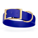 royal blue and gold biothane waterproof dog and cat collar with brass metal buckle hardware in size XXL that's 1.5 inches wide, 24-28" long and looks like vegan faux leather.