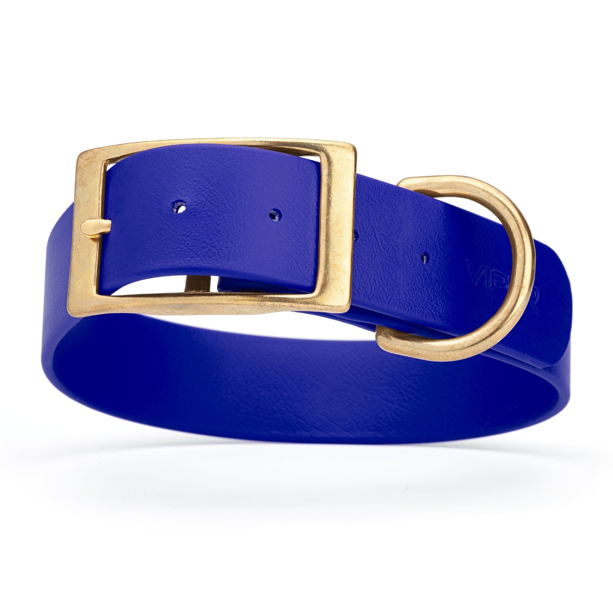 royal blue and gold biothane waterproof dog and cat collar with brass metal buckle hardware in size XXL that's 1.5 inches wide, 24-28" long and looks like vegan faux leather.