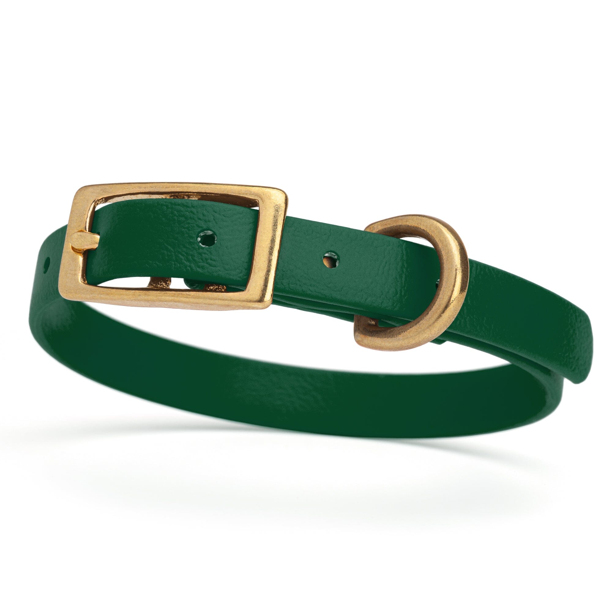dark green and gold biothane waterproof dog and cat collar with brass metal buckle hardware in size extra small that's a 1/2 inch wide and looks like vegan faux leather.
