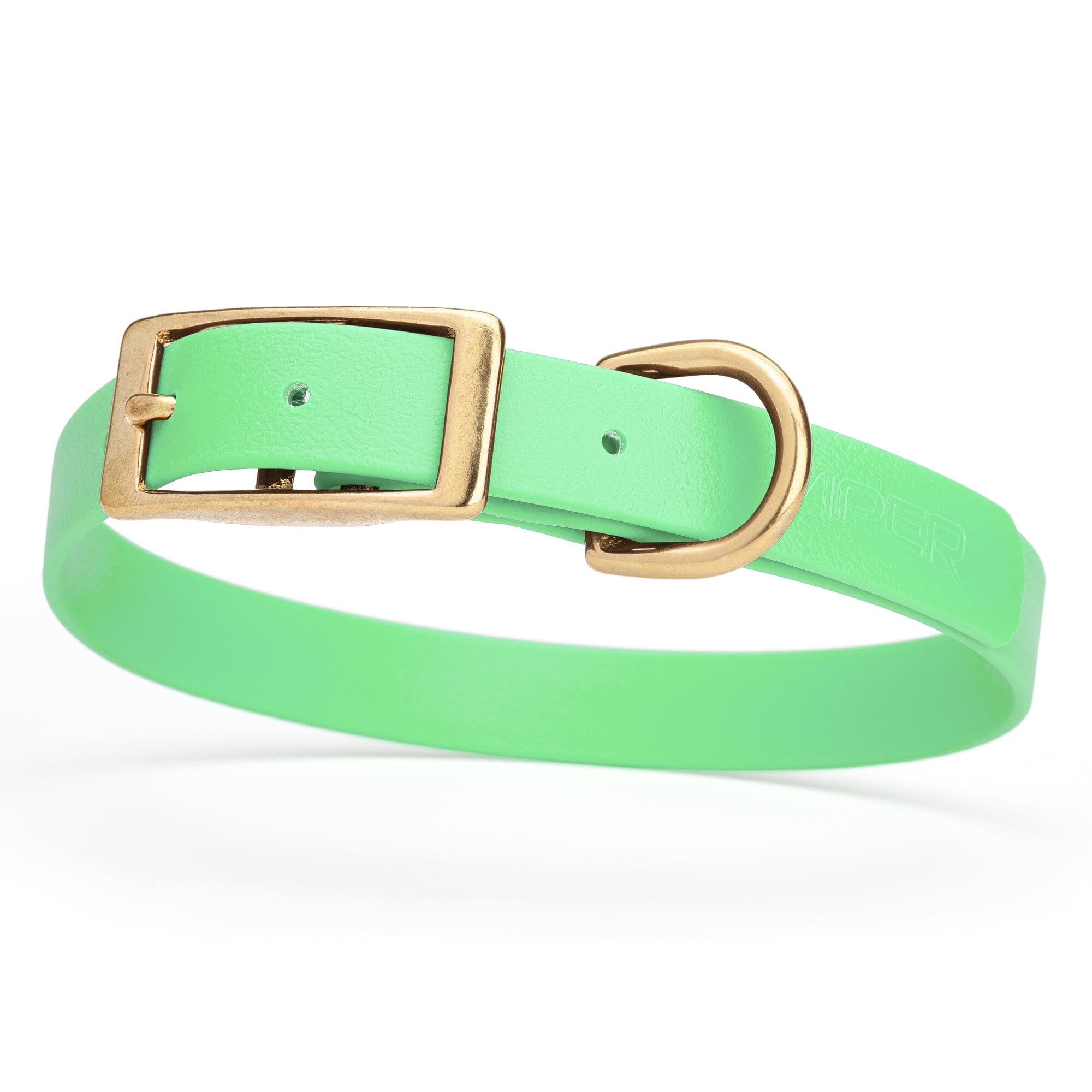 mint green and gold biothane waterproof dog and cat collar with brass metal buckle hardware in size medium that's 3/4 inch wide and looks like vegan faux leather.