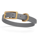 gray and gold biothane waterproof dog and cat collar with brass metal buckle hardware in size extra small that's a 1/2 inch wide and looks like vegan faux leather.