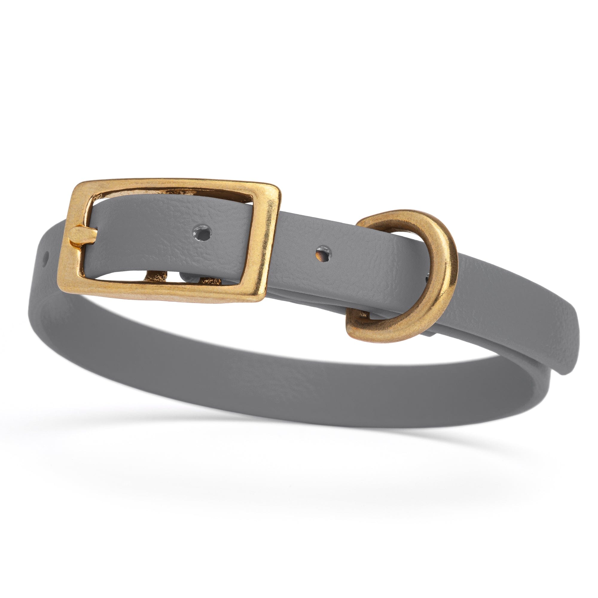 gray and gold biothane waterproof dog and cat collar with brass metal buckle hardware in size extra small that's a 1/2 inch wide and looks like vegan faux leather.