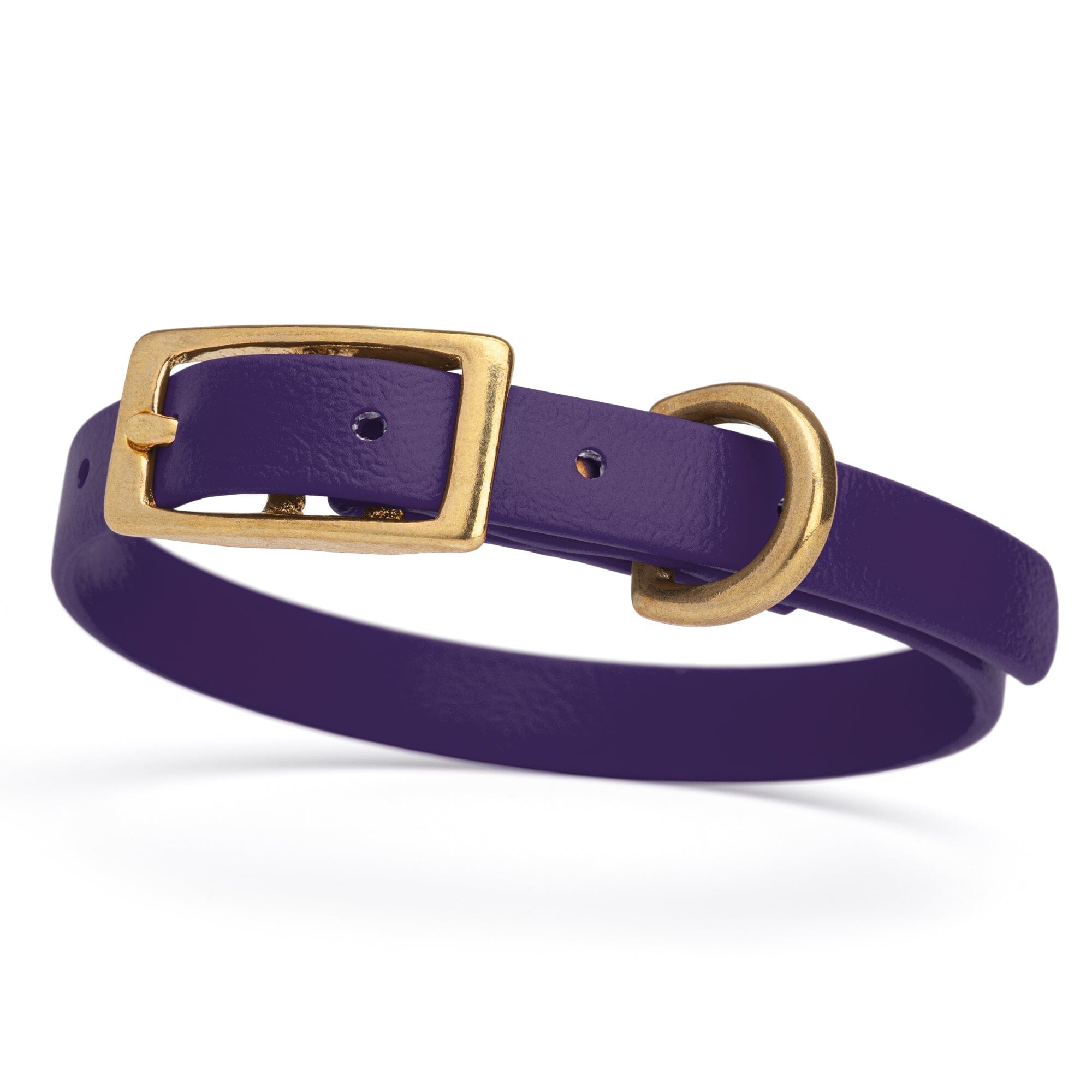 dark purple eggplant and gold biothane waterproof dog and cat collar with brass metal buckle hardware in size extra small that's a 1/2 inch wide and looks like vegan faux leather.