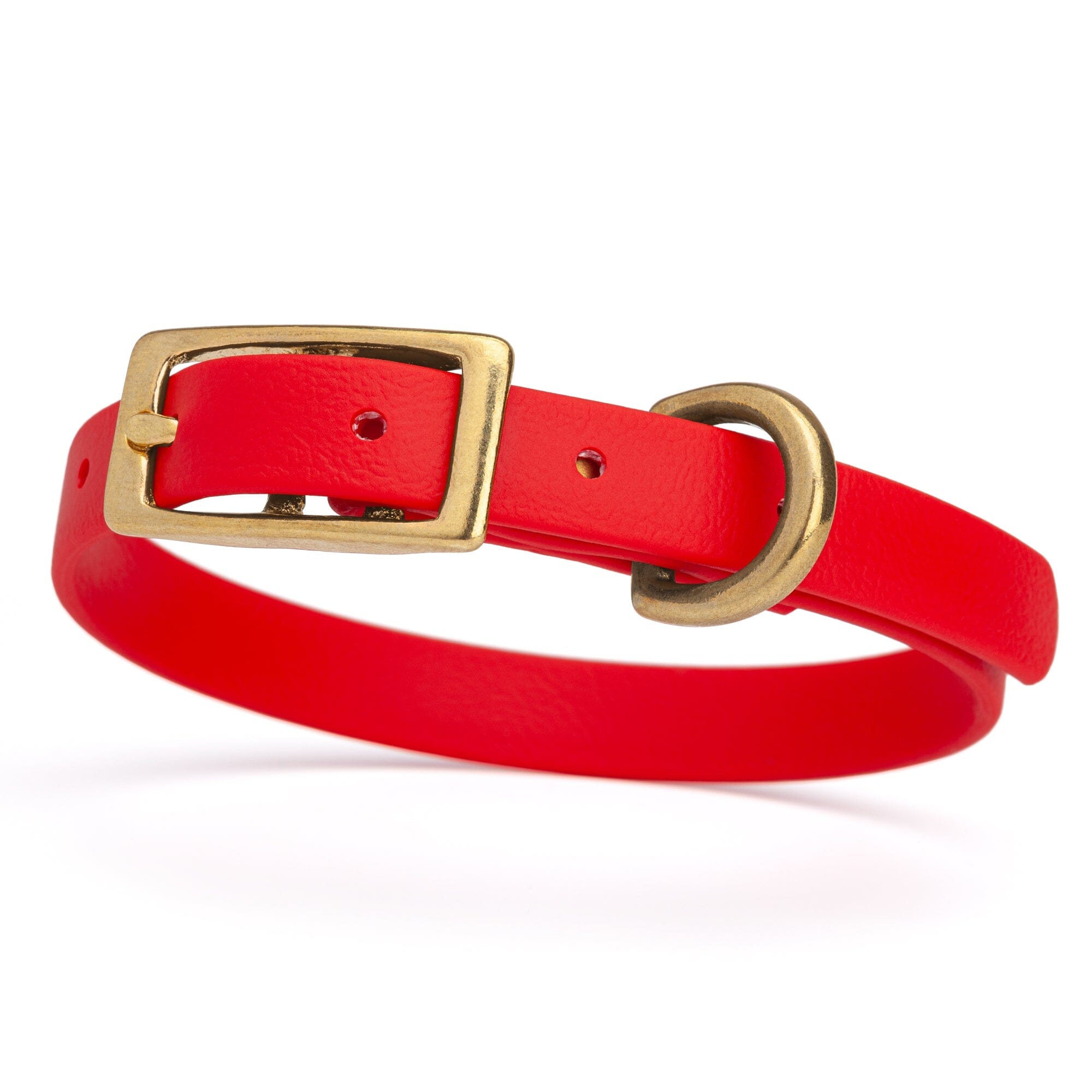 bright cherry red and gold biothane waterproof dog and cat collar with brass metal buckle hardware in size extra small that's 1/2 inch wide.