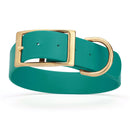 dark teal green and gold biothane waterproof dog and cat collar with brass metal buckle hardware in size XXL that's 1.5 inches wide, 24-28" long and looks like vegan faux leather.