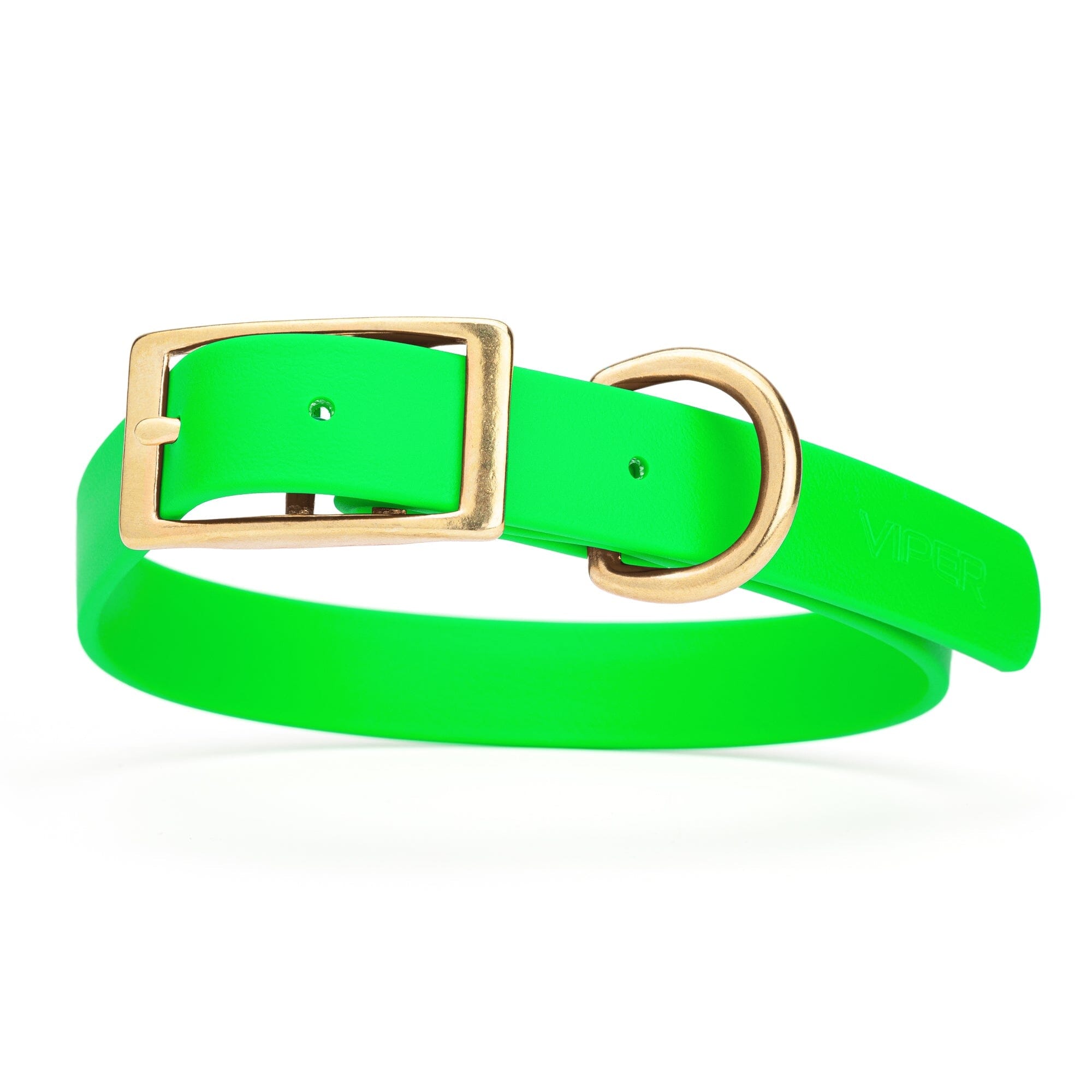 neon green and gold biothane waterproof dog and cat collar with brass metal buckle hardware in size extra large that's 1 inch wide, 22-25" long and looks like vegan faux leather.