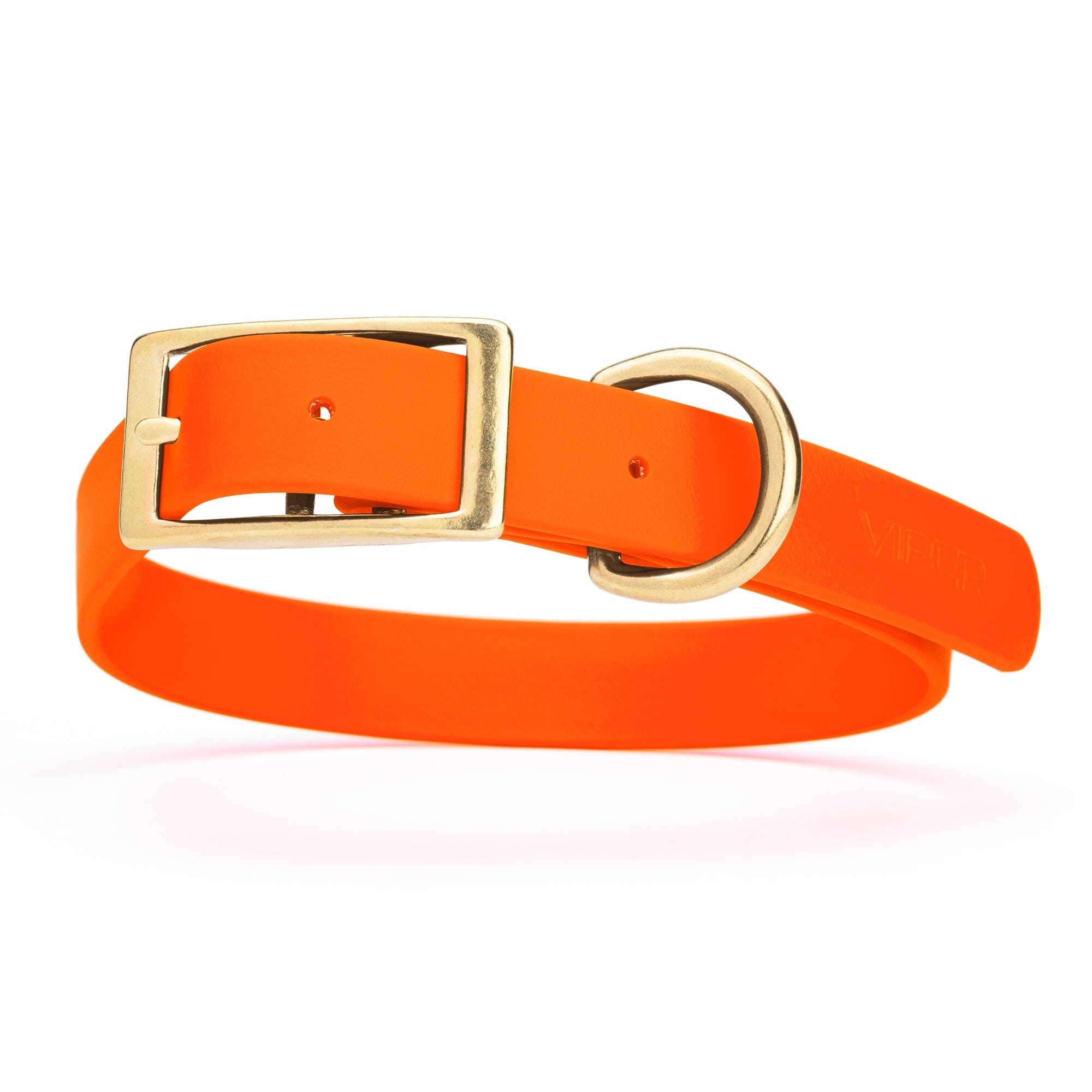 neon hunter orange and gold biothane waterproof dog and cat collar with brass metal buckle hardware in size large that's 1 inch wide and looks like vegan faux leather.