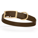 dark brown and gold biothane waterproof dog and cat collar with brass metal buckle hardware in size medium that's 3/4 inch wide and looks like vegan faux leather.