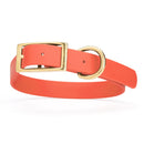 coral/terracotta and gold biothane waterproof dog and cat collar with brass metal buckle hardware in size extra large that's 1 inch wide, 22-25" long and looks like vegan faux leather.