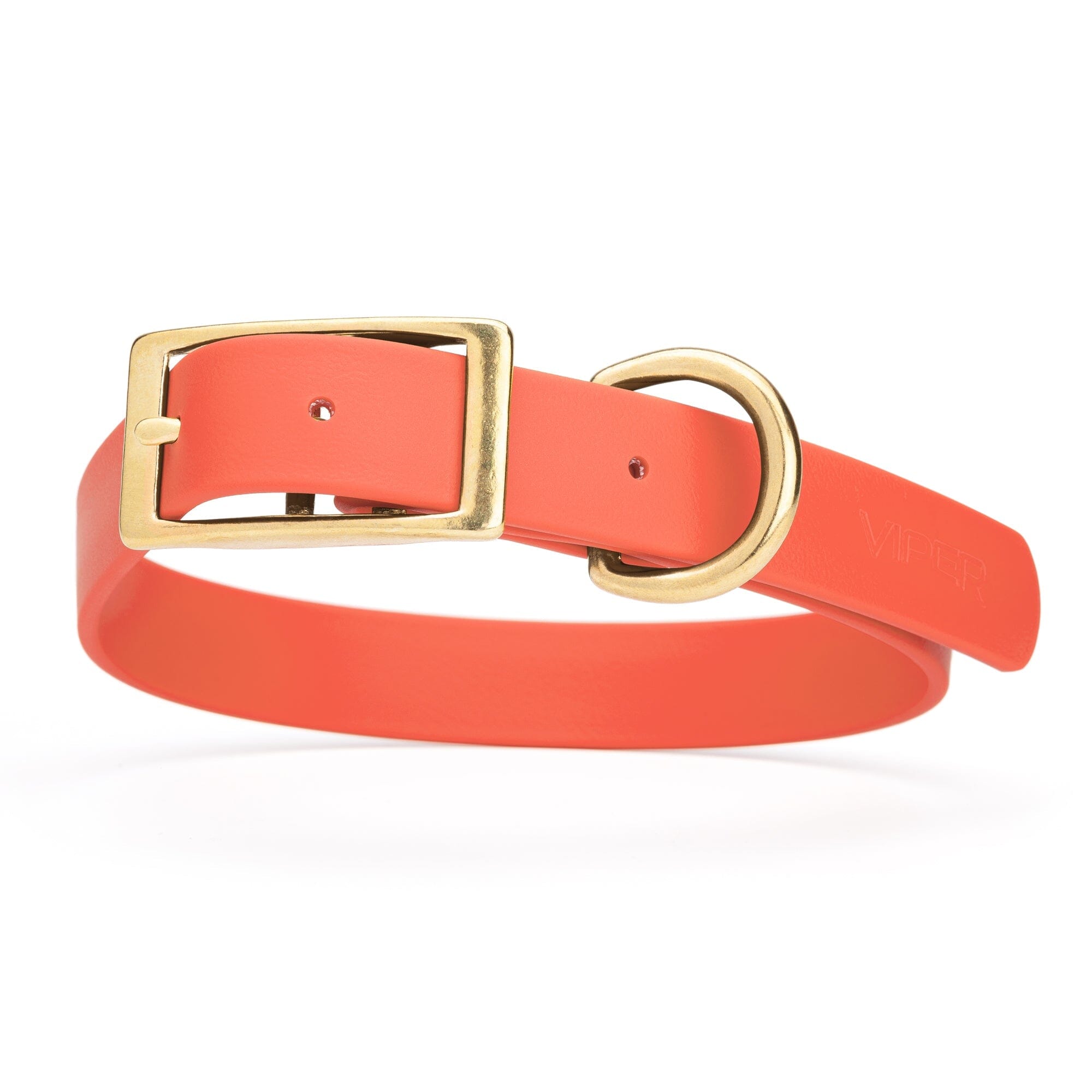 coral/terracotta and gold biothane waterproof dog and cat collar with brass metal buckle hardware in size extra large that's 1 inch wide, 22-25" long and looks like vegan faux leather.