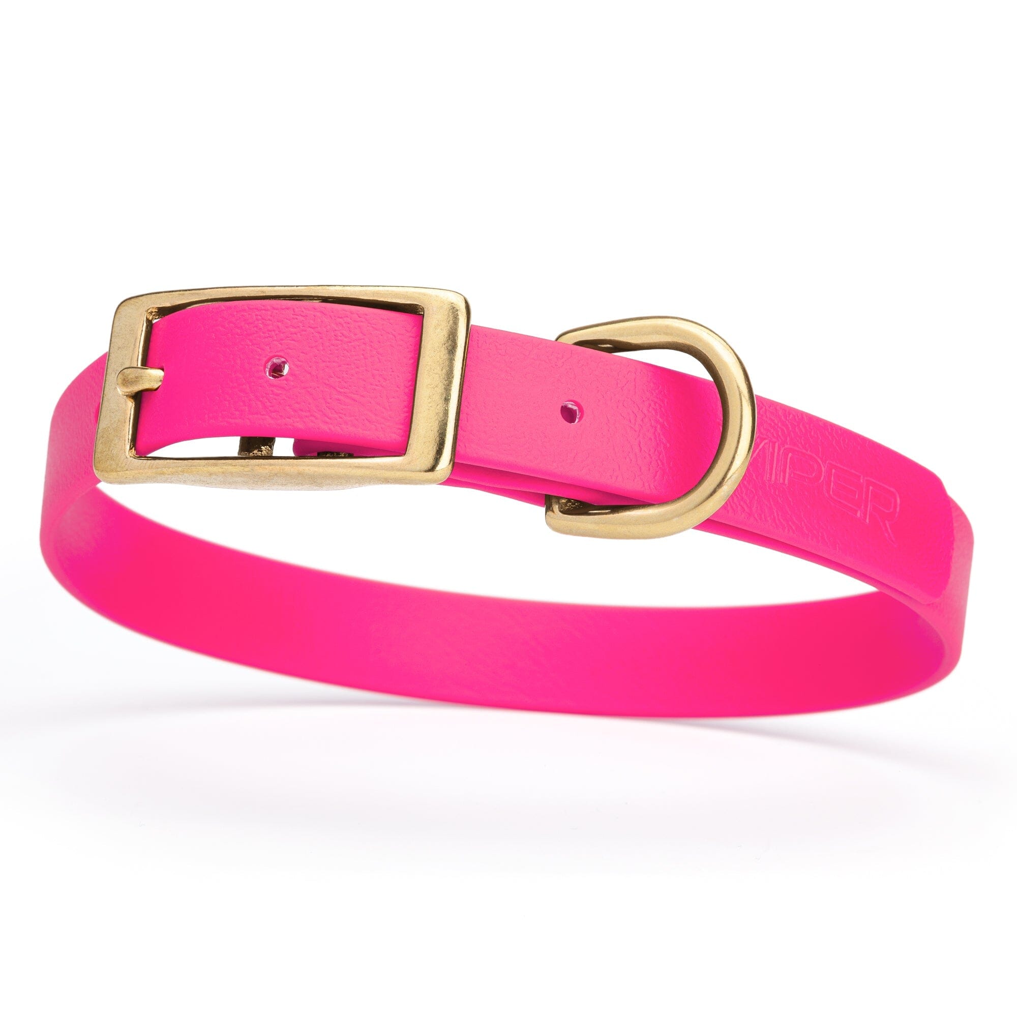 bright hot pink and gold biothane waterproof dog and cat collar with brass metal buckle hardware in size medium that's 3/4 inch wide and looks like vegan faux leather.