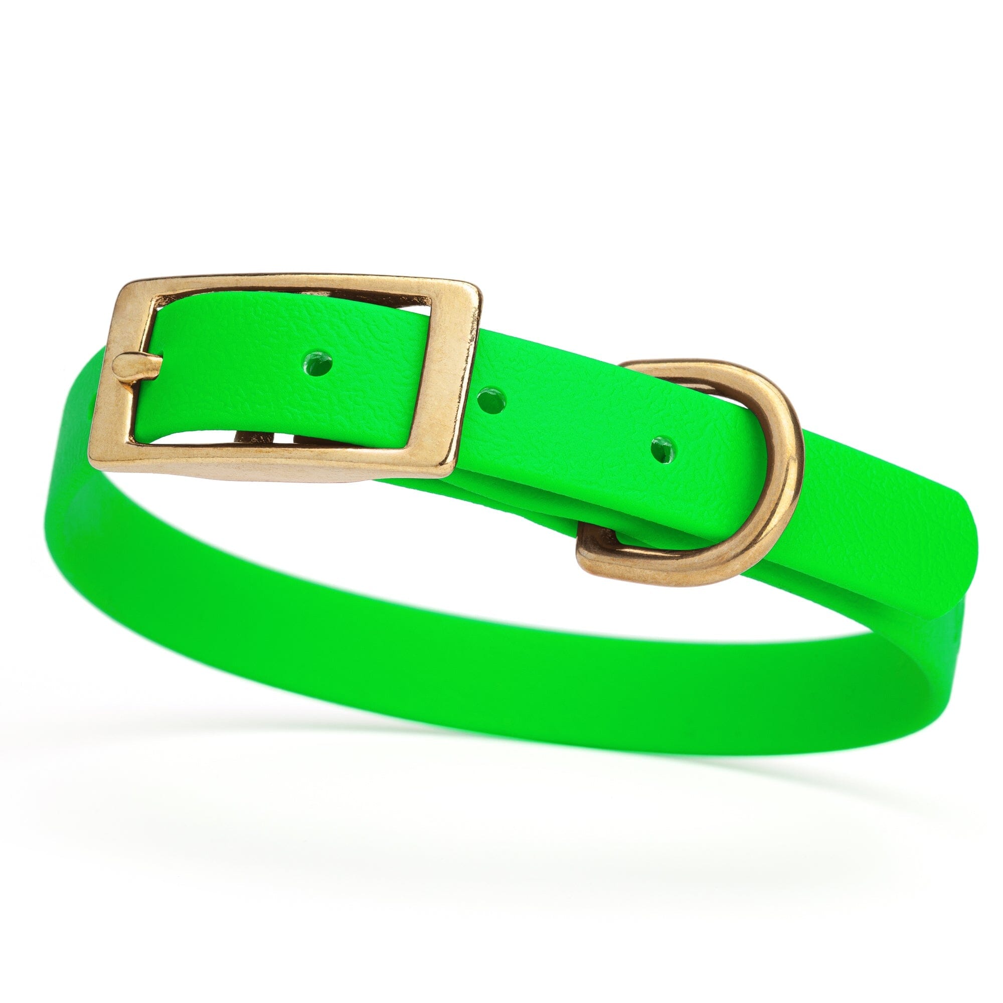 bright neon green and gold biothane waterproof dog and cat collar with brass metal buckle hardware in size small that's 5/8 inch wide and looks like vegan faux leather.