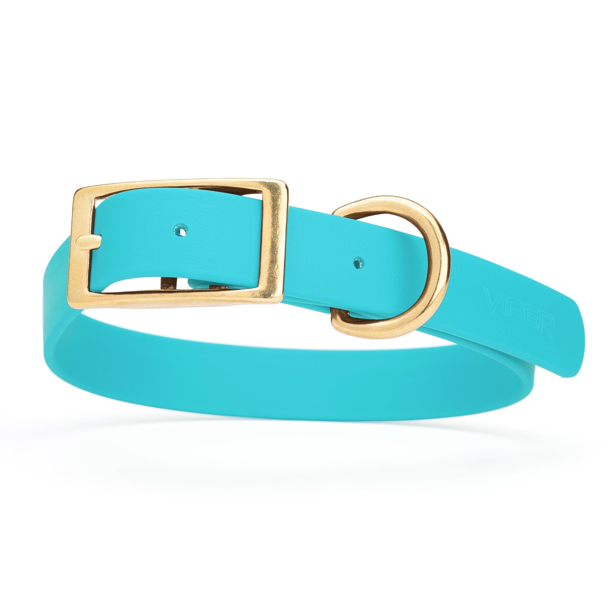 turquoise/aqua blue and gold biothane waterproof dog and cat collar with brass metal buckle hardware in size extra large that's 1 inch wide, 22-25" long and looks like vegan faux leather.