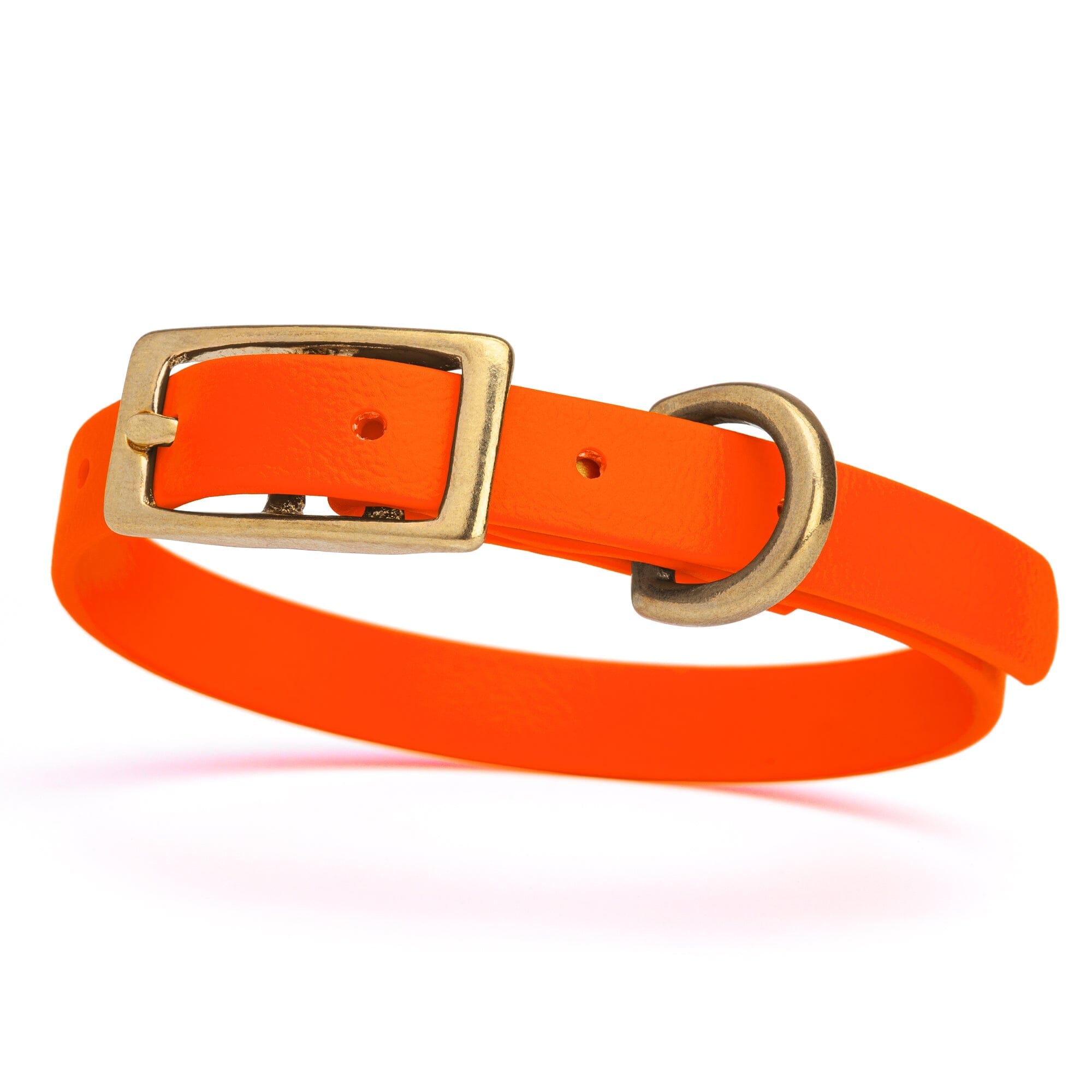 hunter neon orange and gold biothane waterproof dog and cat collar with brass metal buckle hardware in size extra small that's 1/2 inch wide.