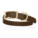 dark brown and gold biothane waterproof dog and cat collar with brass metal buckle hardware in size extra large that's 1 inch wide, 22-25" long and looks like vegan faux leather.