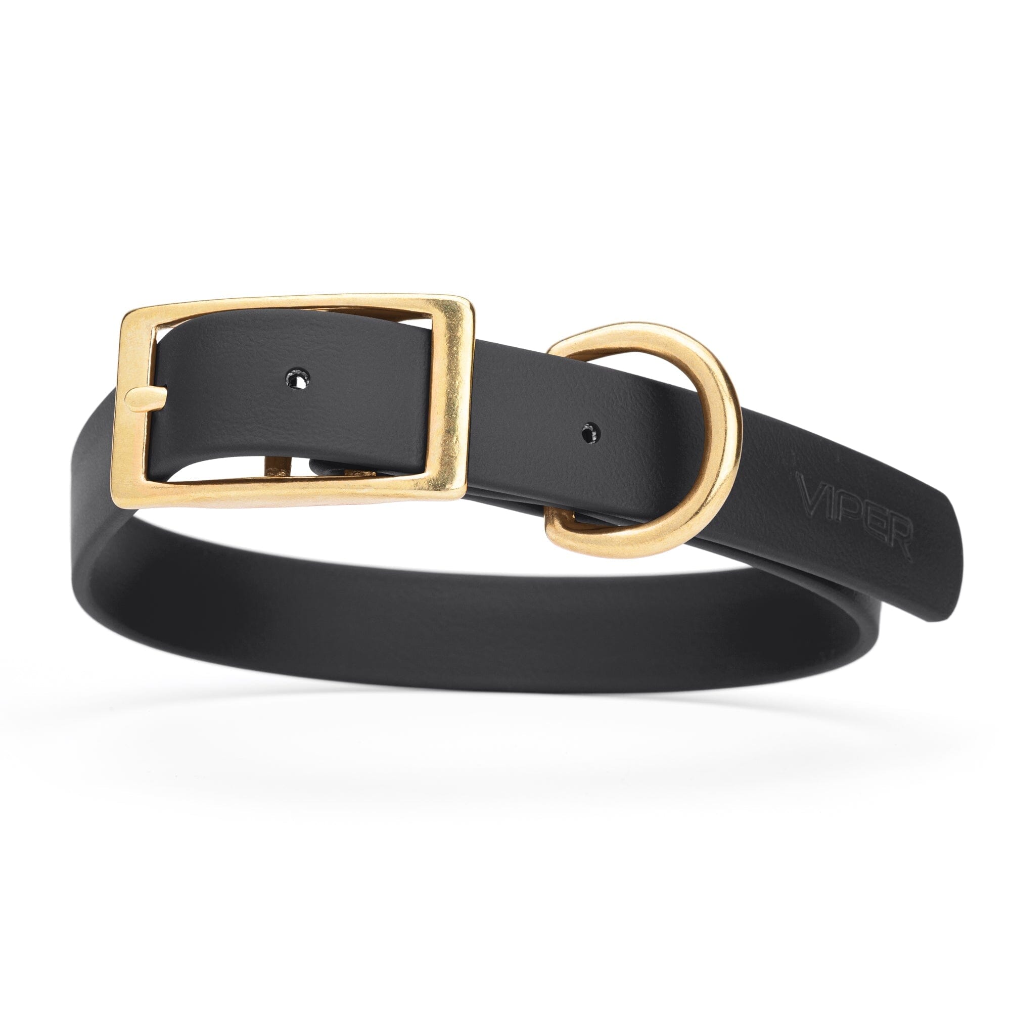 black and gold biothane waterproof dog and cat collar with brass metal buckle hardware in size large that's 1 inch wide and looks like vegan faux leather.