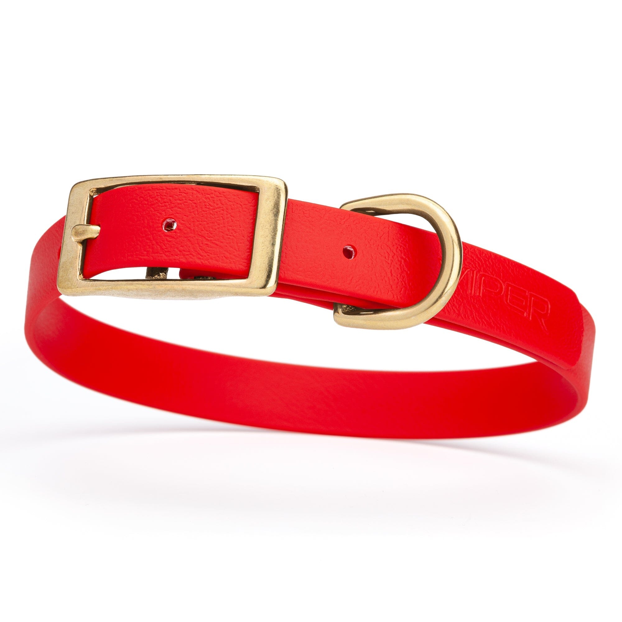 bright neon red and gold biothane waterproof dog and cat collar with brass metal buckle hardware in size medium that's 3/4 inch wide and looks like vegan faux leather.