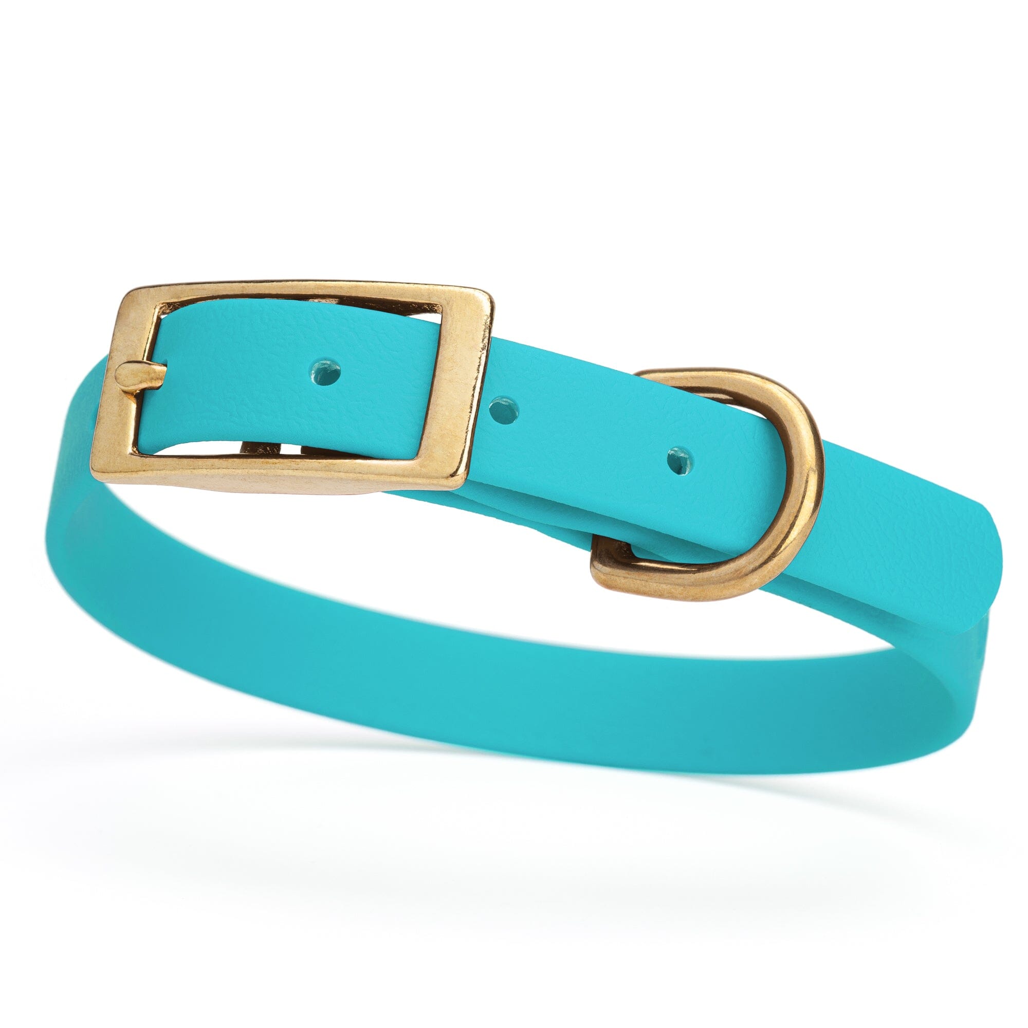 turquoise/aqua blue and gold biothane waterproof dog and cat collar with brass metal buckle hardware in size small that's 5/8 inch wide and looks like vegan faux leather.