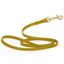 Mustard yellow/chartreuse waterproof biothane cat or dog leash with gold colored brass snap clip that comes in widths of 1/2", 5/8" and 3/4" and is 6 feet long.