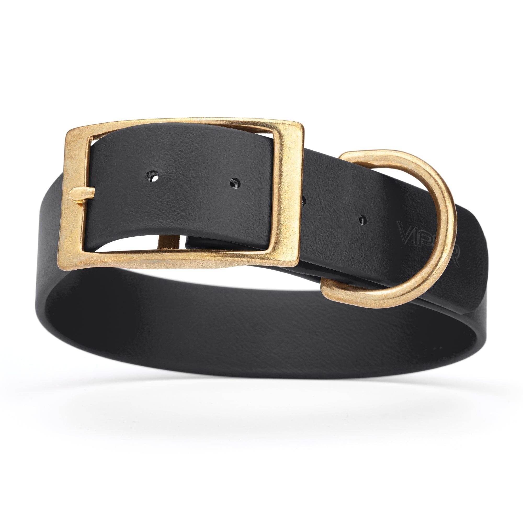 black and gold biothane waterproof dog and cat collar with brass metal buckle hardware in size XXL that's 1.5 inches wide, 24-28" long and looks like vegan faux leather.