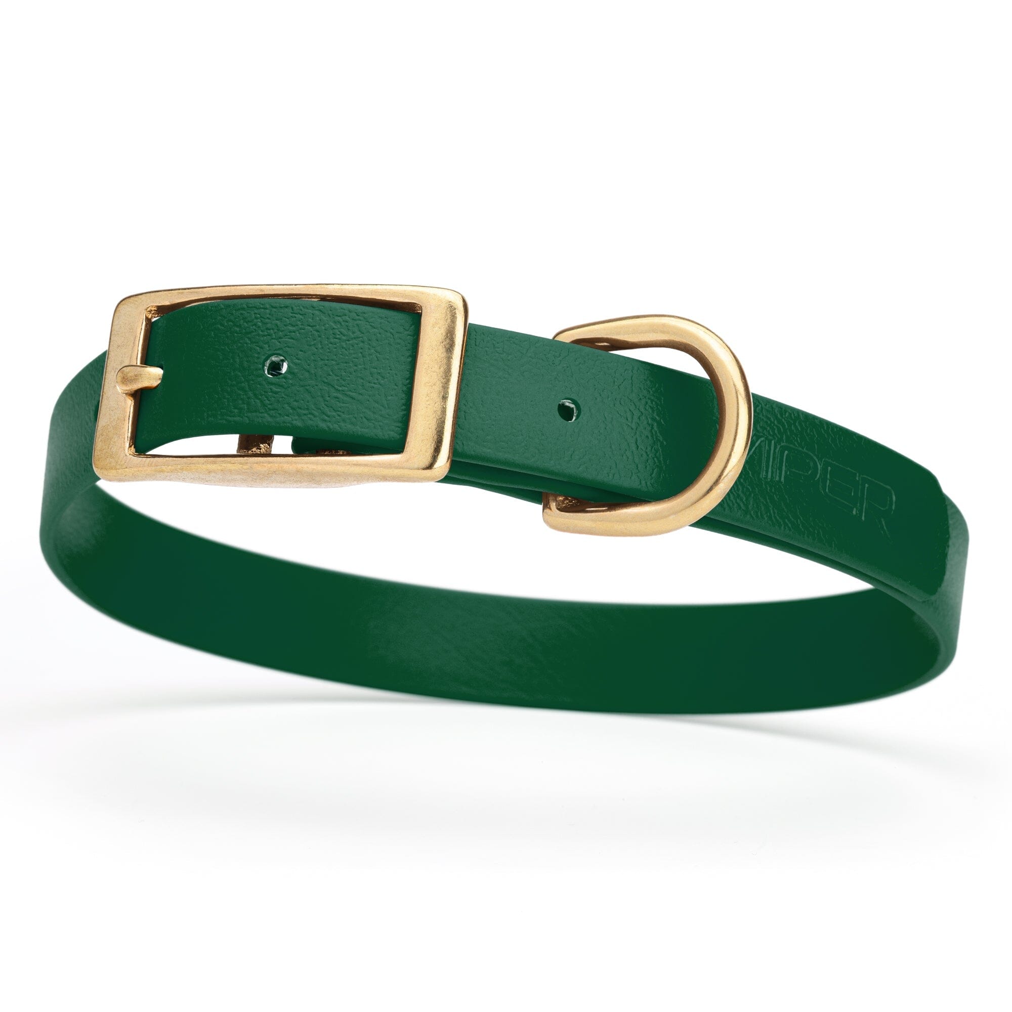 dark forest green and gold biothane waterproof dog and cat collar with brass metal buckle hardware in size medium that's 3/4 inch wide and looks like vegan faux leather.