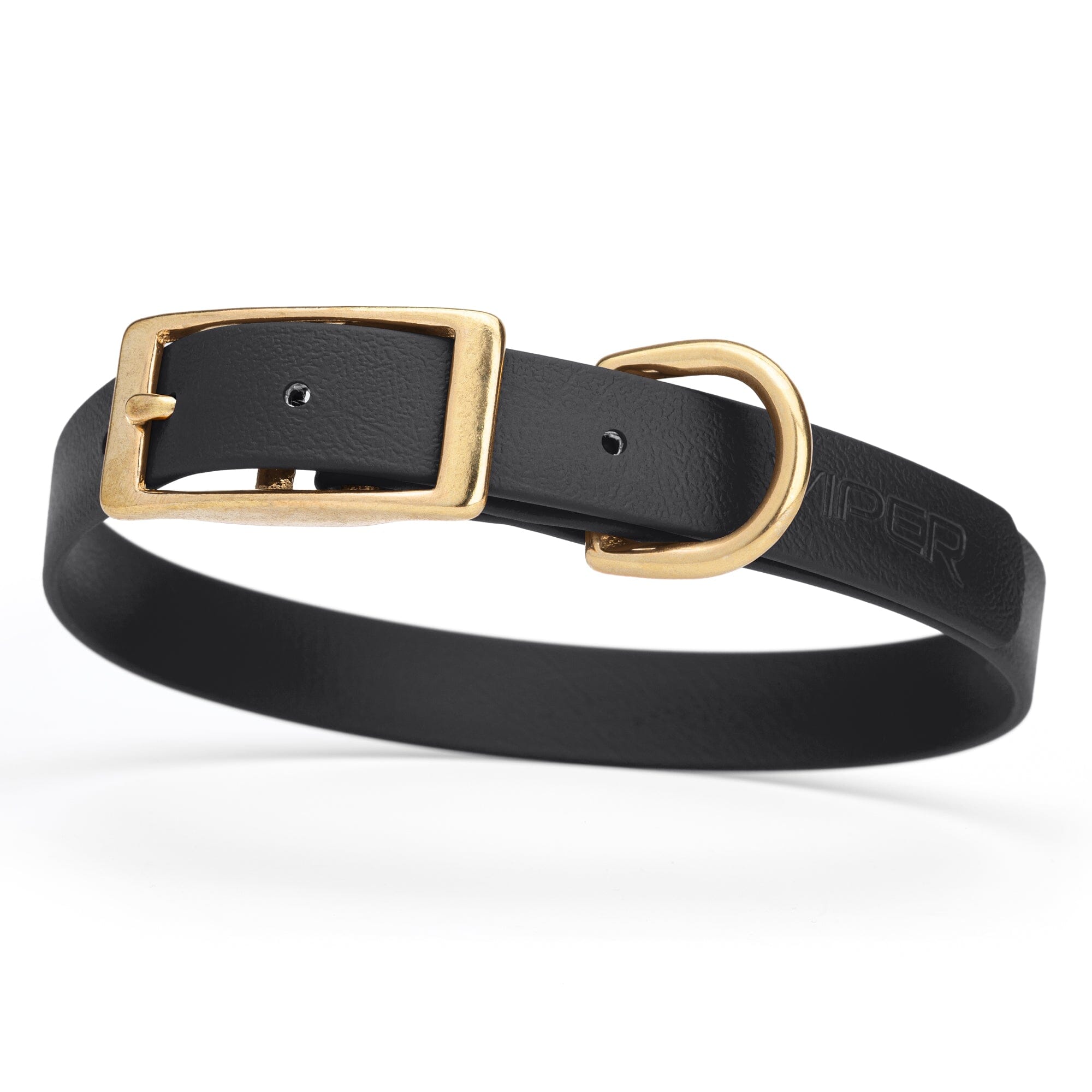 black and gold biothane waterproof dog and cat collar with brass metal buckle hardware in size medium that's 3/4 inch wide and looks like vegan faux leather.