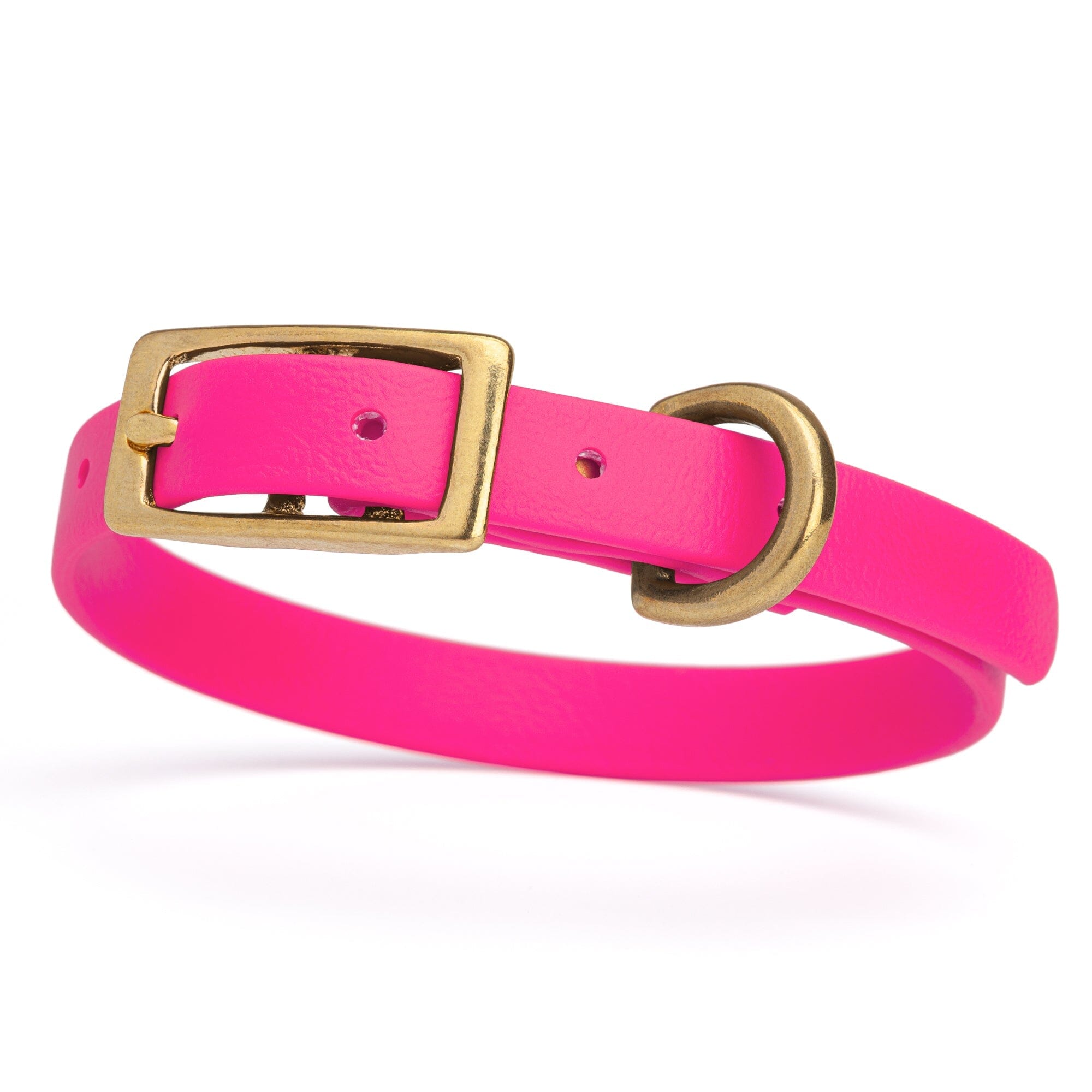 hot pink and gold biothane waterproof dog and cat collar with brass metal buckle hardware in size extra small that's a 1/2 inch wide and looks like vegan faux leather.