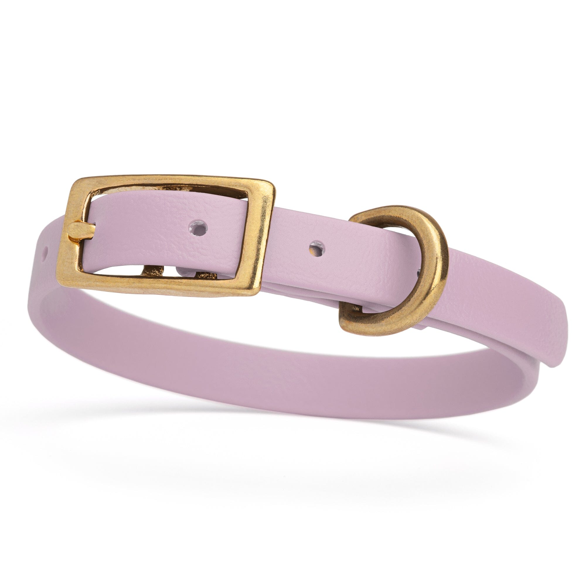 lavender/pastel purple and gold biothane waterproof dog and cat collar with brass metal buckle hardware in size extra small that's a 1/2 inch wide and looks like vegan faux leather.