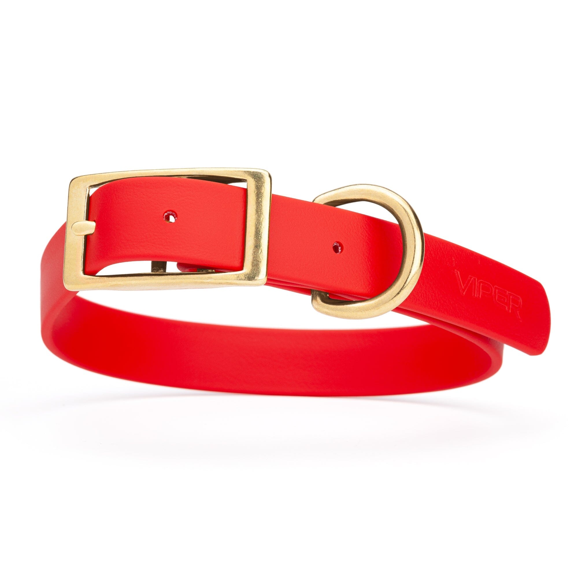 bright red and gold biothane waterproof dog and cat collar with brass metal buckle hardware in size extra large that's 1 inch wide, 22-25" long and looks like vegan faux leather.