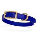 a dark blue and gold biothane waterproof dog and cat collar with brass metal buckle hardware in size extra small that's 1/2 inch wide.