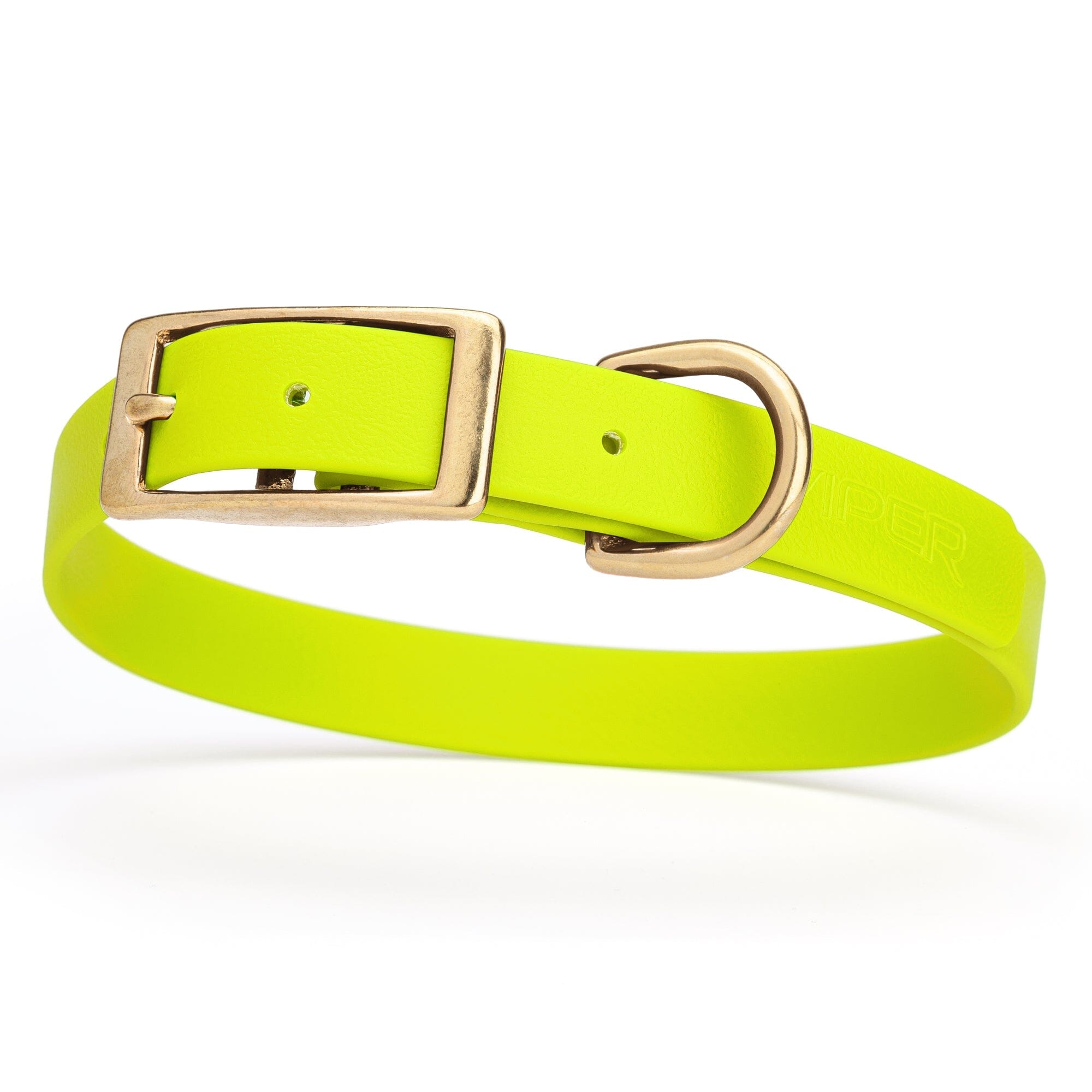safety neon yellow and gold biothane waterproof dog and cat collar with brass metal buckle hardware in size medium that's 3/4 inch wide and looks like vegan faux leather.