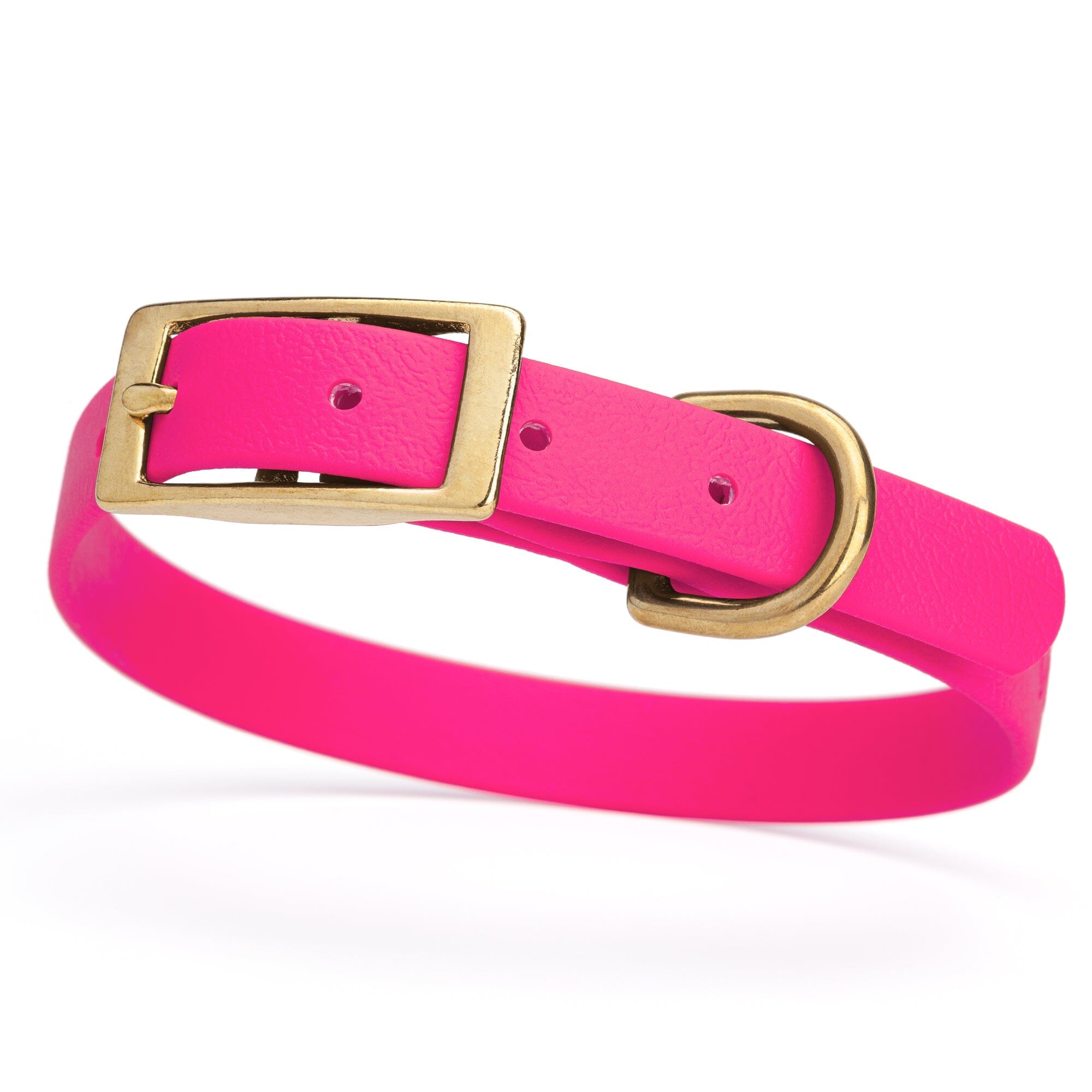 hot pink and gold biothane waterproof dog and cat collar with brass metal buckle hardware in size small that's 5/8 inch wide and looks like vegan faux leather.