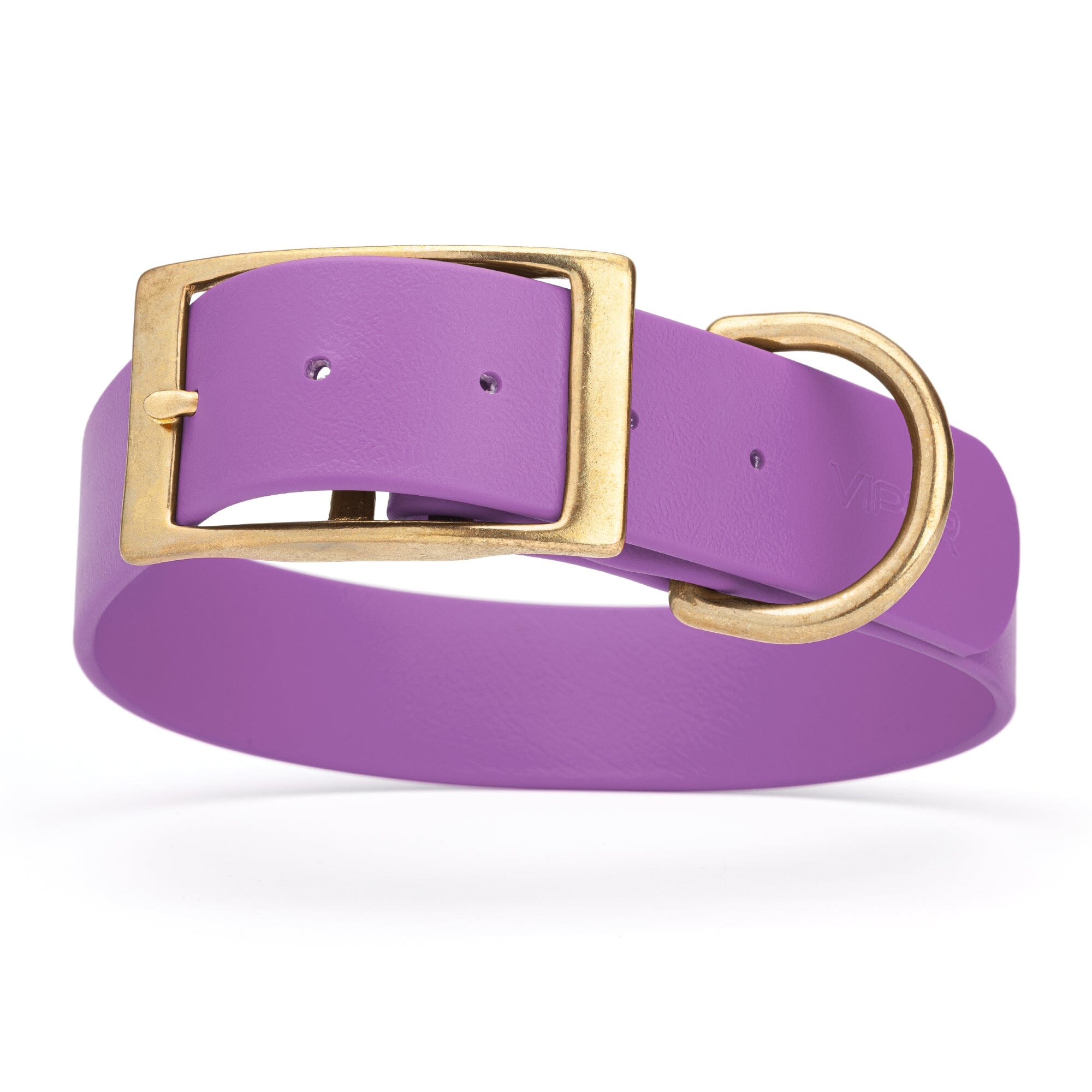 lilac purple and gold biothane waterproof dog and cat collar with brass metal buckle hardware in size XXL that's 1.5 inches wide, 24-28" long and looks like vegan faux leather.