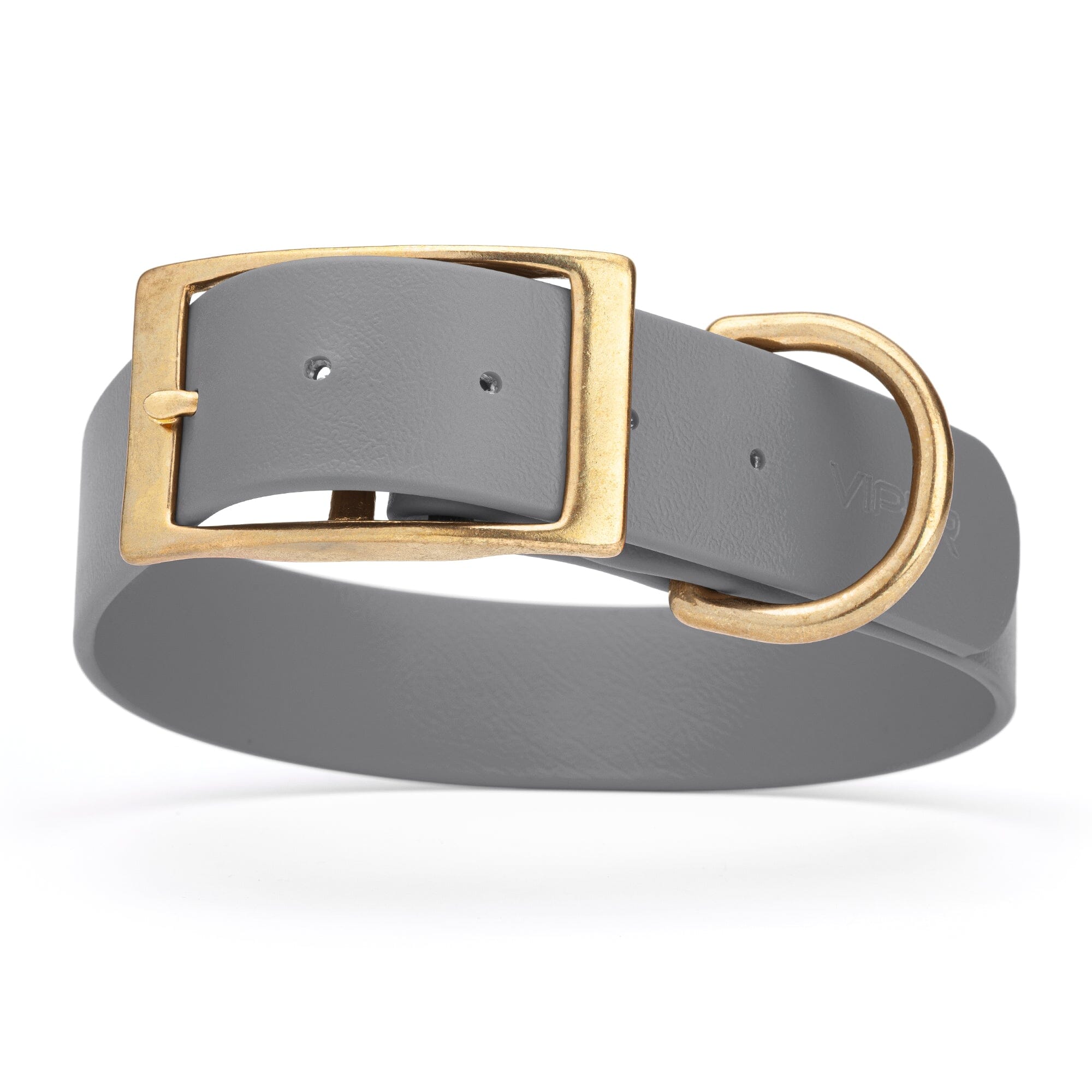 gray and gold biothane waterproof dog and cat collar with brass metal buckle hardware in size XXL that's 1.5 inches wide, 24-28" long and looks like vegan faux leather.