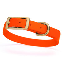 neon hunter orange and gold biothane waterproof dog and cat collar with brass metal buckle hardware in size small that's 5/8 inch wide and looks like vegan faux leather.