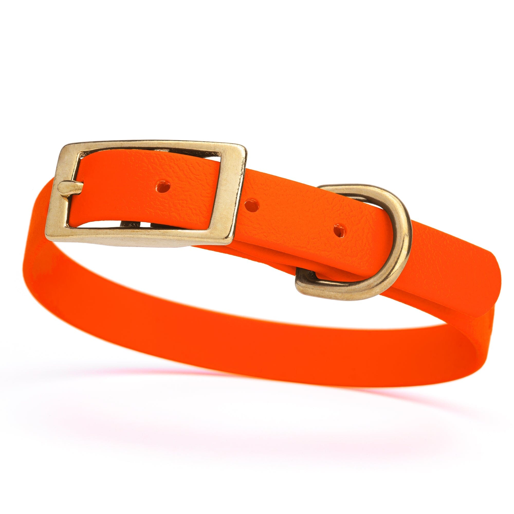 neon hunter orange and gold biothane waterproof dog and cat collar with brass metal buckle hardware in size small that's 5/8 inch wide and looks like vegan faux leather.