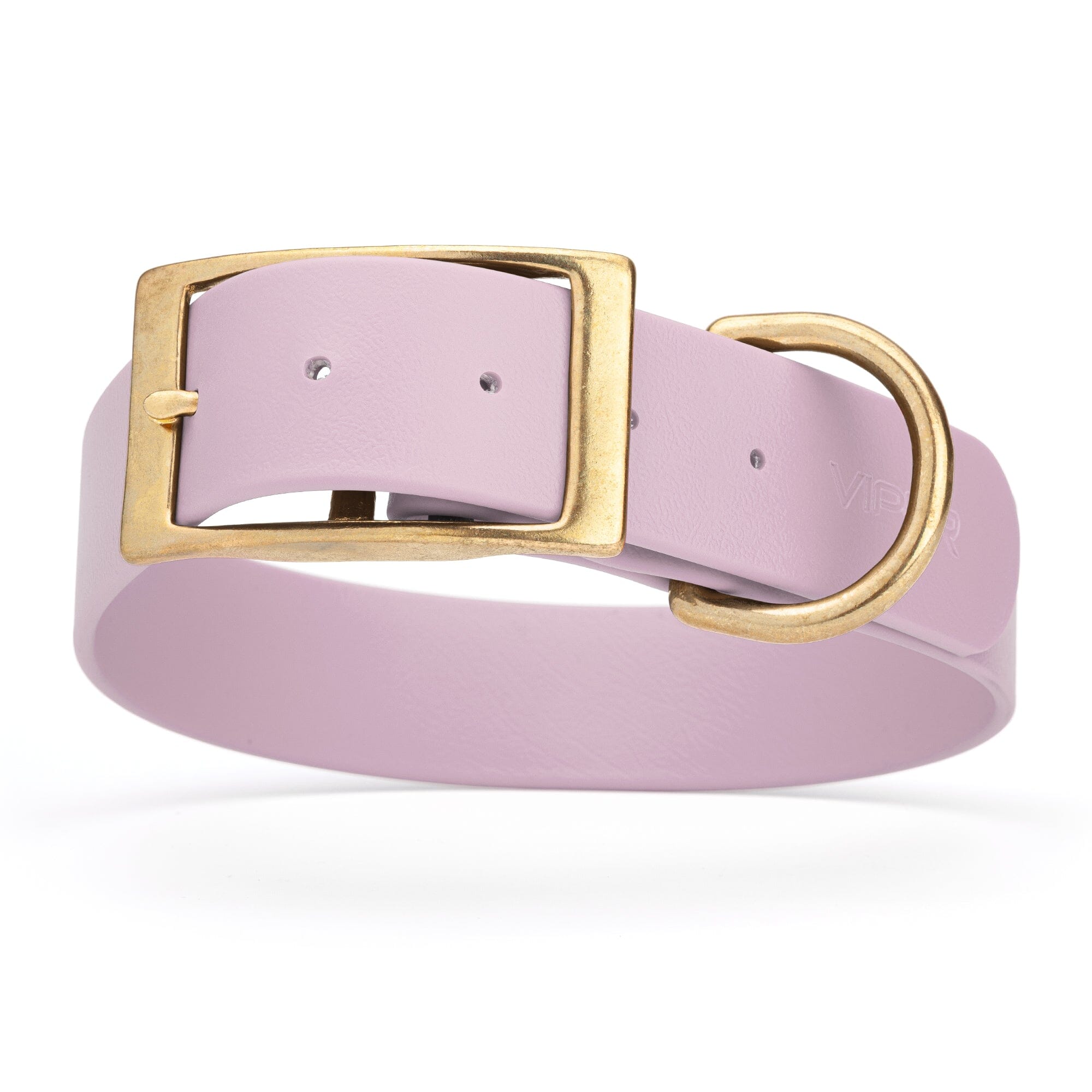 pastel purple and gold biothane waterproof dog and cat collar with brass metal buckle hardware in size XXL that's 1.5 inches wide, 24-28" long and looks like vegan faux leather.