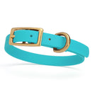 Turquoise/sky blue and gold biothane waterproof dog and cat collar with brass metal buckle hardware in size extra small that's 1/2 inch wide.