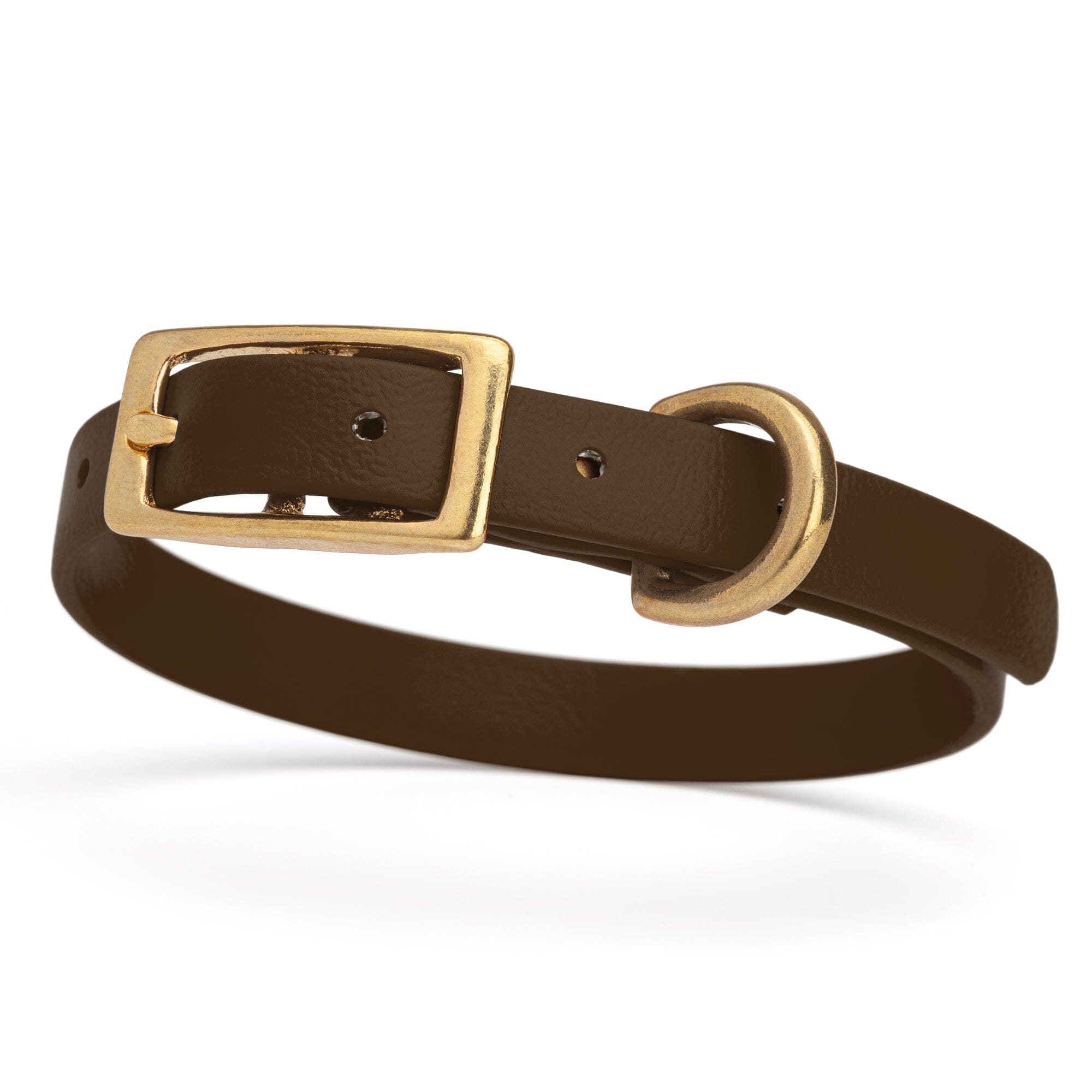 chocolate dark brown and gold biothane waterproof dog and cat collar with brass metal buckle hardware in size extra small that's a 1/2 inch wide and looks like vegan faux leather.