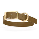 brown and gold biothane waterproof dog and cat collar with brass metal buckle hardware in size extra large that's 1 inch wide, 22-25" long and looks like vegan faux leather.