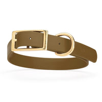 brown and gold biothane waterproof dog and cat collar with brass metal buckle hardware in size extra large that's 1 inch wide, 22-25" long and looks like vegan faux leather.