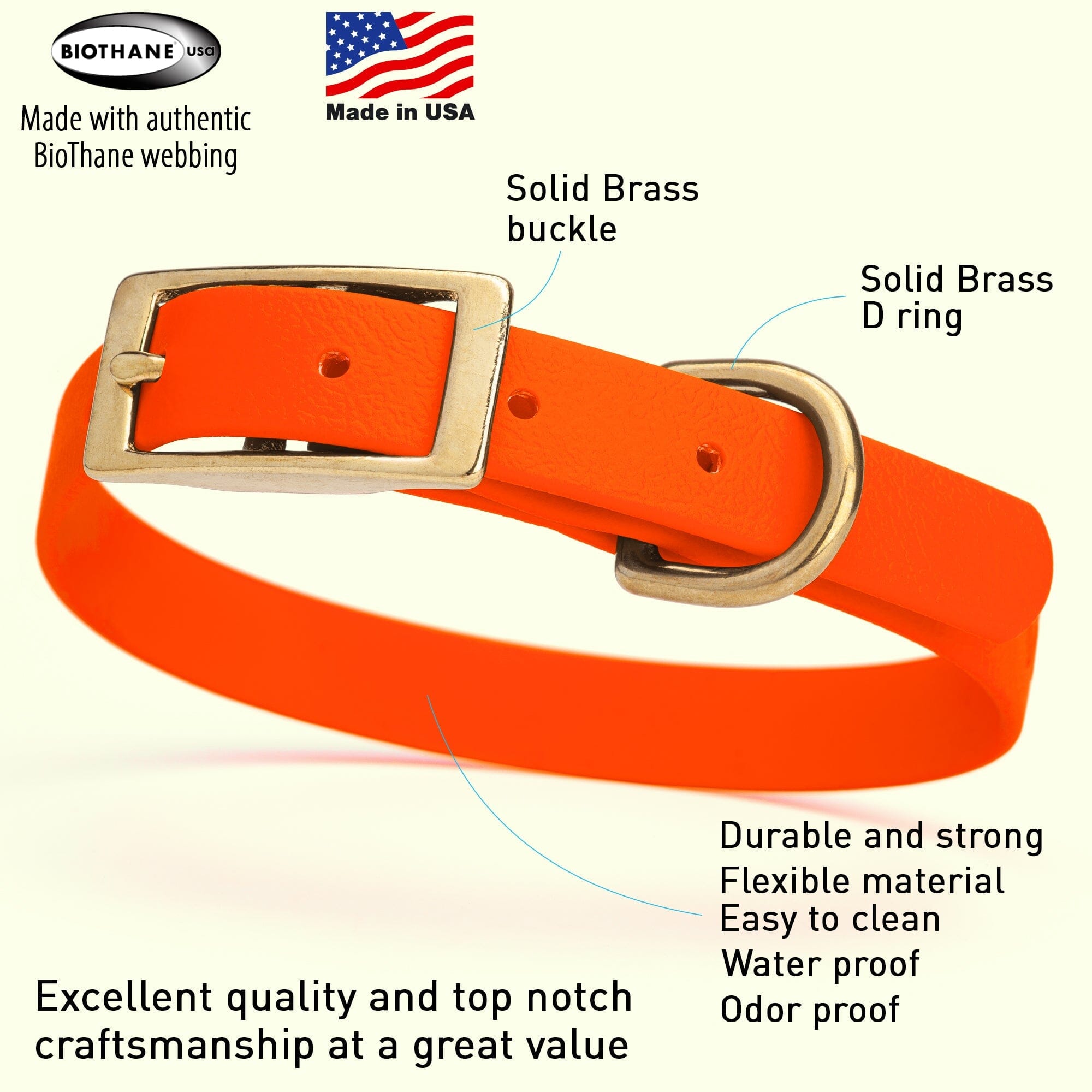 Brass: SMALL (12-15"long, 5/8"wide) BioThane Collar