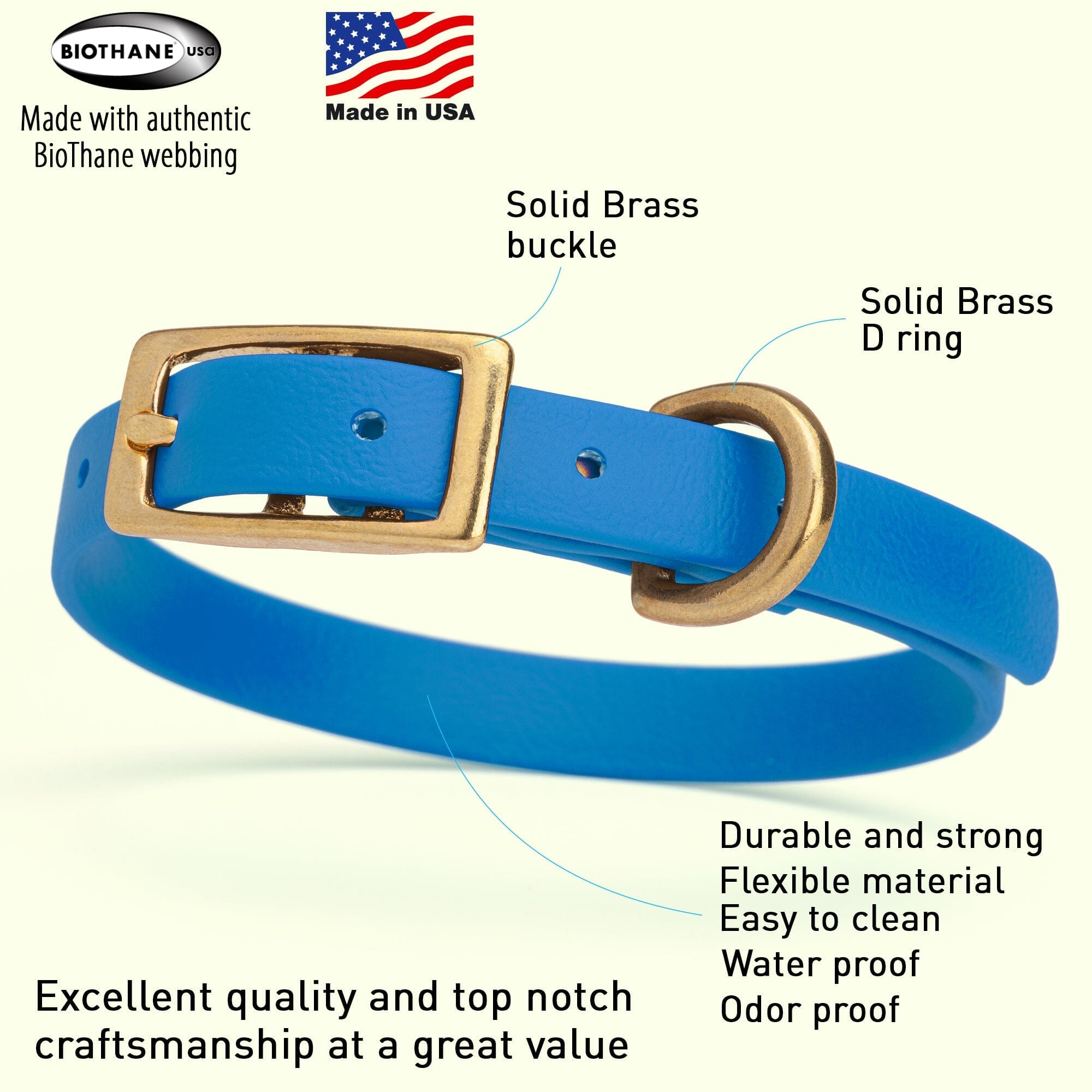 Brass: EXTRA SMALL (9-12"long, 1/2"wide) BioThane Collar